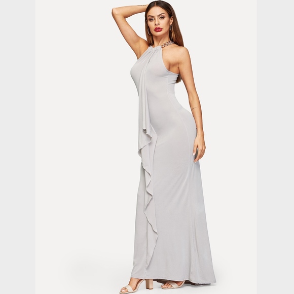 Chain Detailed Ruffle Halter Style Maxi Dress - Picture 4 of 6